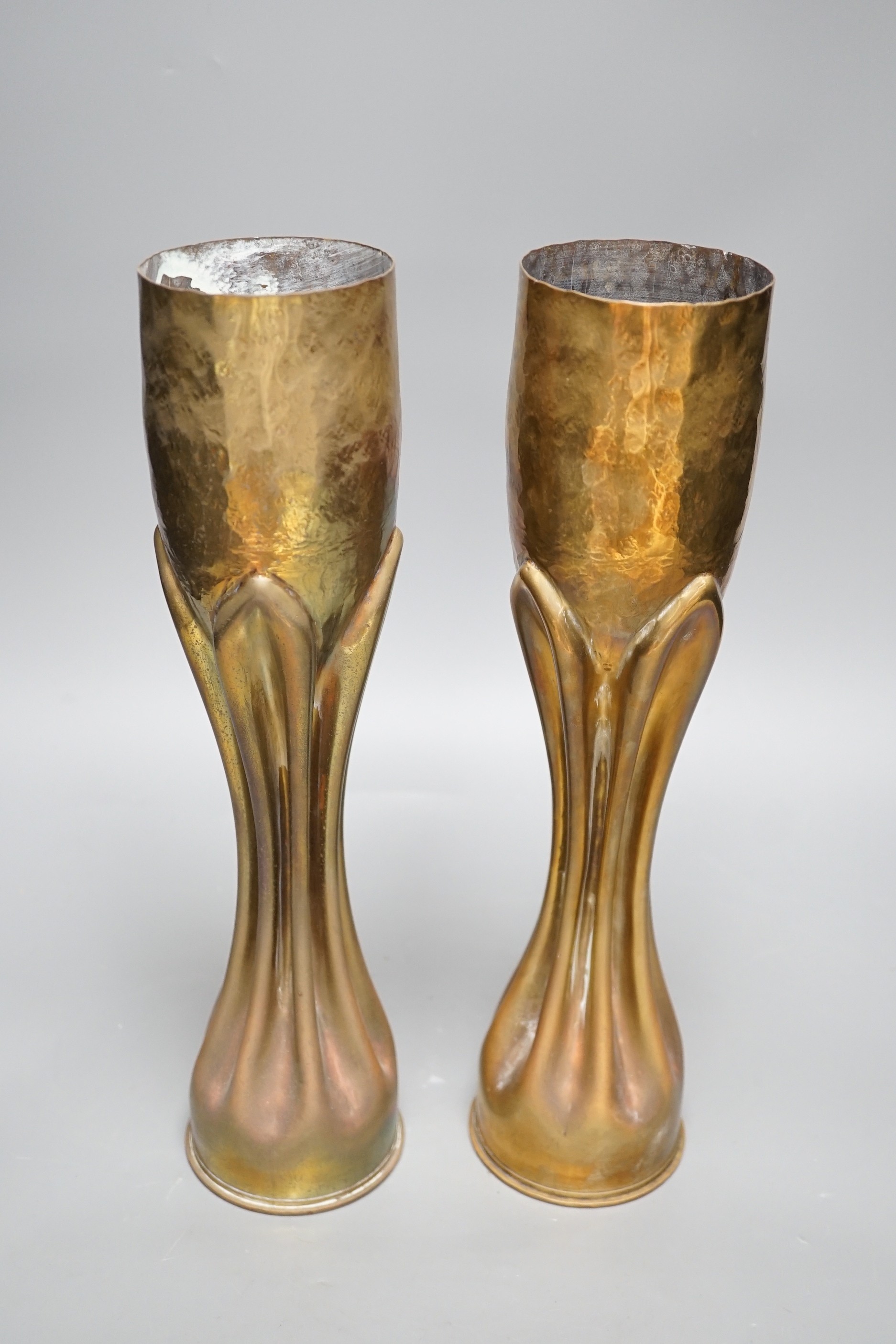 Trenchart- A pair of WWI brass shell case vases, 34.5cm tall